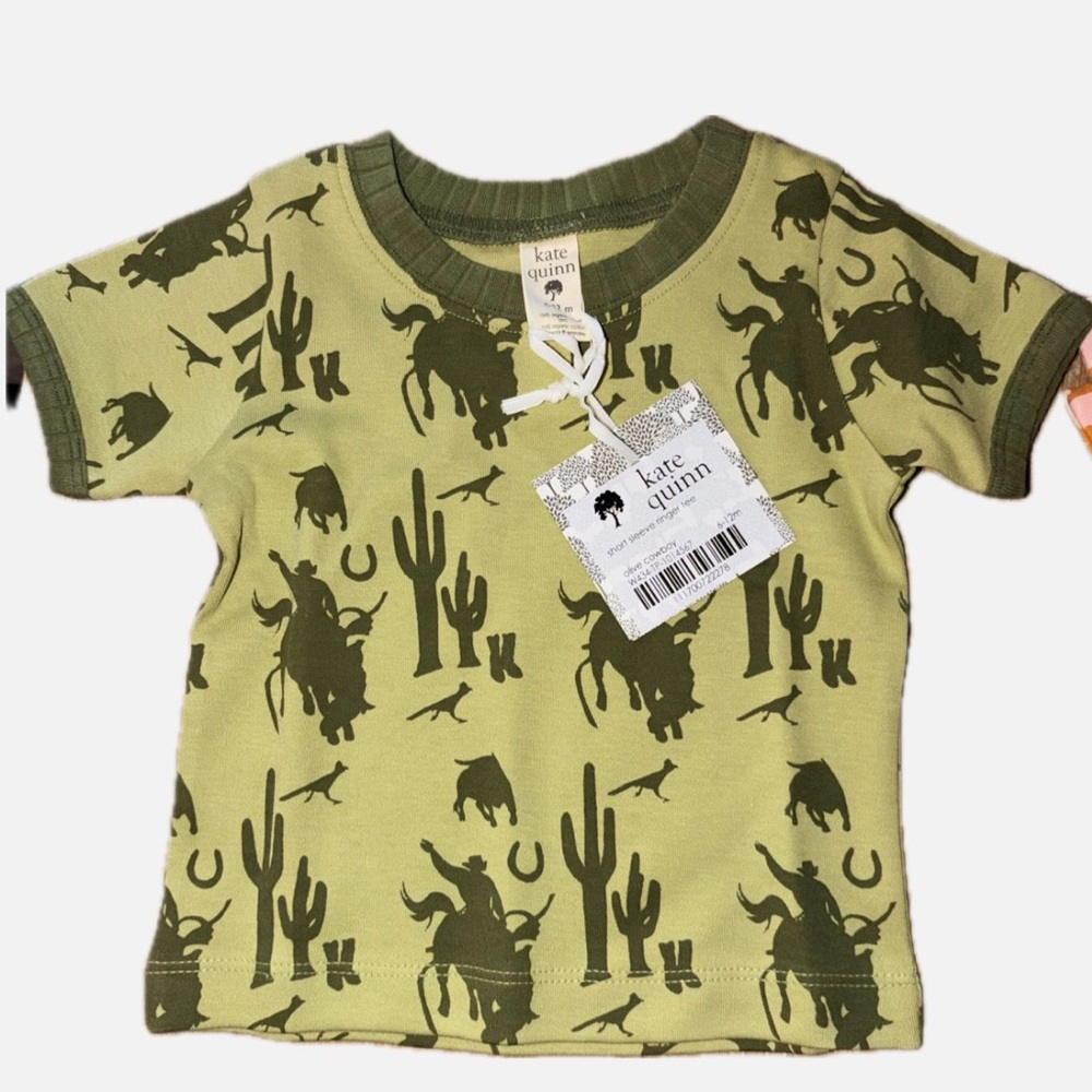 NWT Kate Quinn Short Sleeve Ringer Tee Olive Cowboy Print 6/12M
